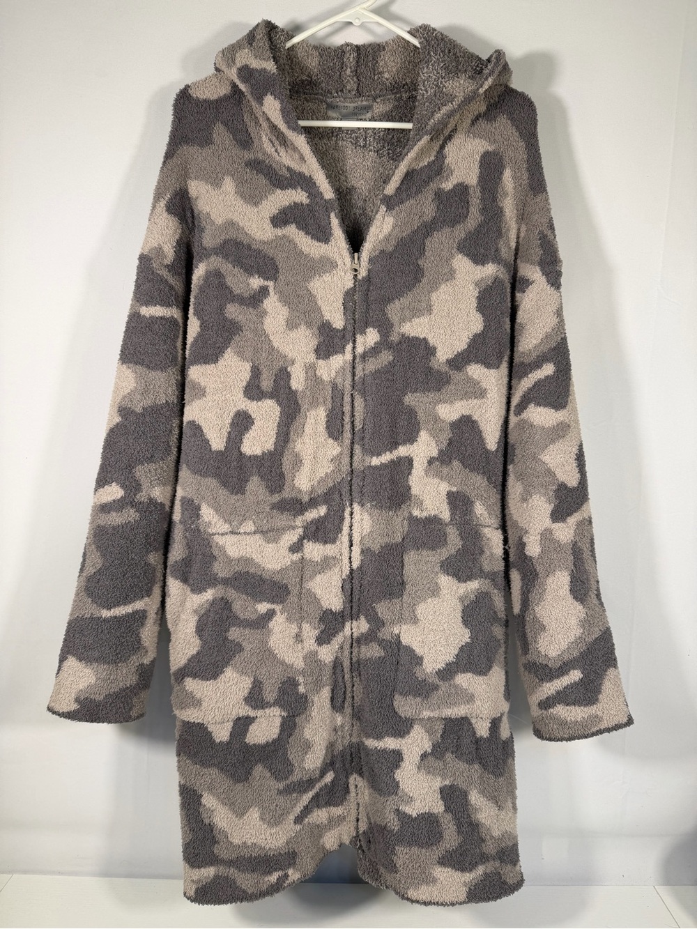 Barefoot Dreams CozyChic Camo Hooded Zip Long Cardigan Duster M